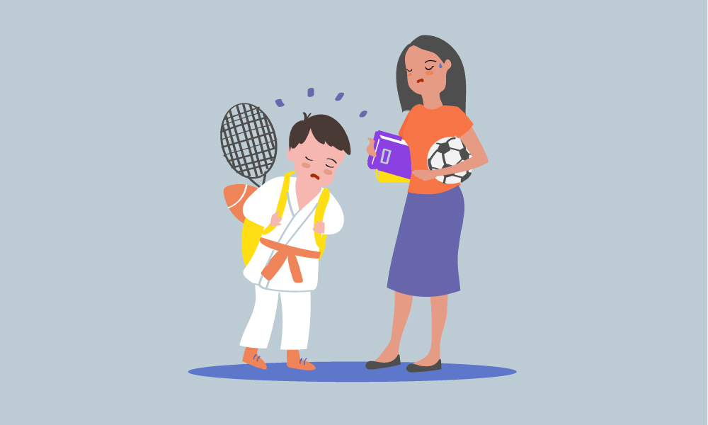 An illustration of a child wearing a karate uniform and carrying a bag with a tennis racquet and a baseball. Next to him is his mother with a book in one hand and a football in the other.