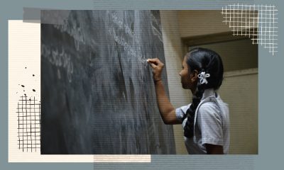A photo of a young girl, with braided hair, writing on a chalkboard is set against a grey and white patterned backdrop