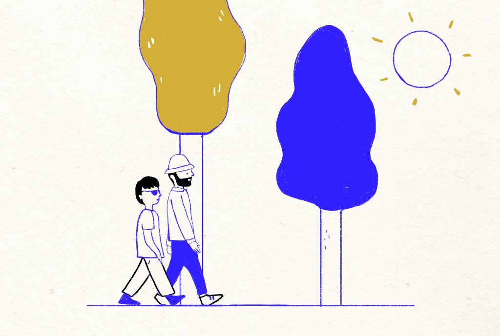 An illustration of a father and son walking in front of some trees with the sun behind them. The drawing style is simple line drawing, and all the elements are either gold or blue made on an off white background