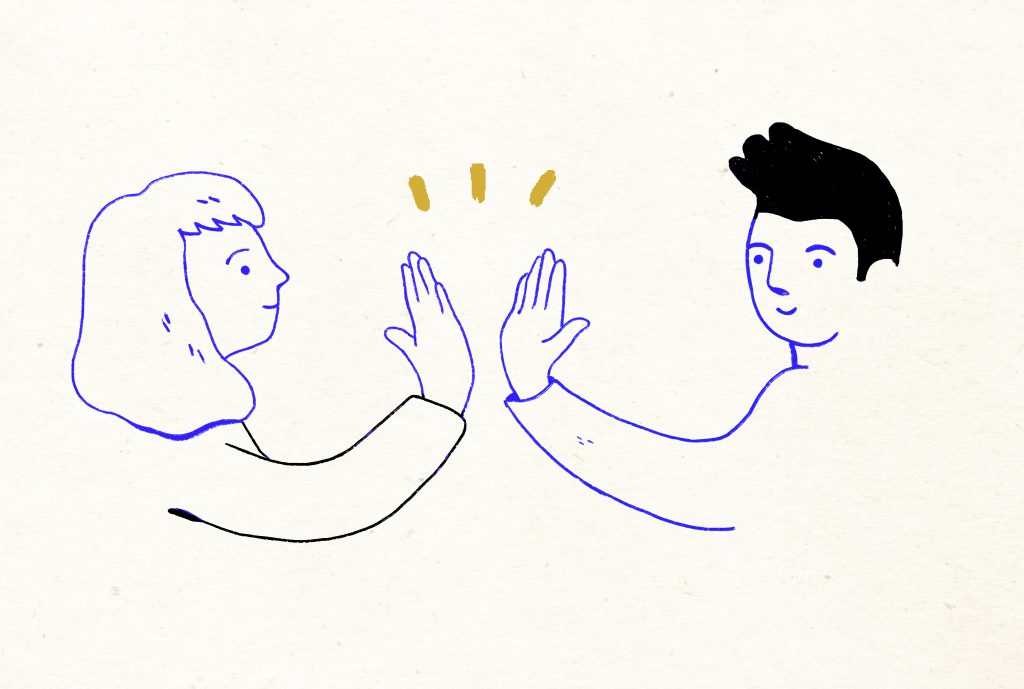 A line drawing illustration of a man and a woman giving each other a high five. The lines are in blue and black colours set against and off white background