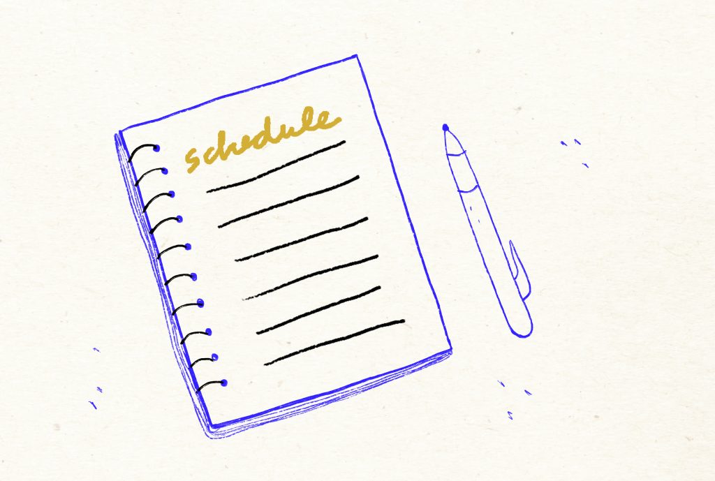 A line drawing to a notepad open to a page titled 'Schedule'. Next to it is a pen with its nib open. The lines are in blue and gold, set against an off white backdrop