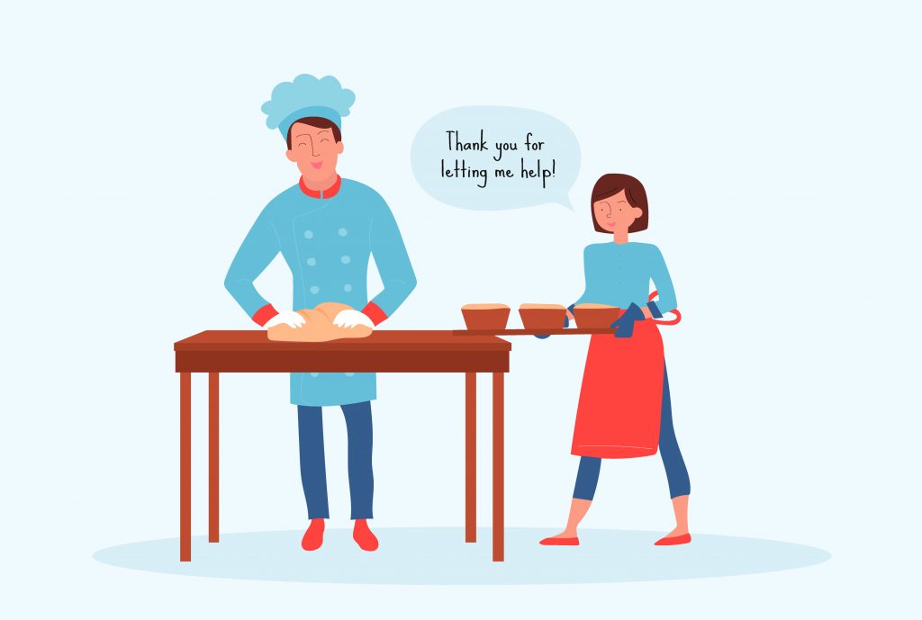 An illustration of an adult rolling dough on a table. A child is walking towards the table with a tray with three bowls. There is a speech bubble around the child that says "Thank you for letting me help!"