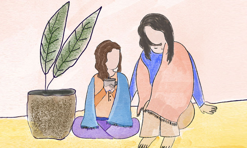 In this illustration, there are two people, both wrapped in shawls. One of them seems younger and is sitting on the floor, next to a plant, with a cup in their hand. The other person seems to be older and is sitting on a pouf, with one hand on the younger person, as if to comfort them.