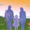 An illustration of a family, represented by silhouettes, holding hands with flowers around them.