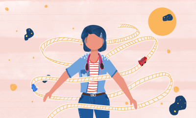 This is a minimalist illustration of a girl on a roller coaster ride in a single carriage. Her hair is thrown back by the wind as her carriage hurtles down the track.