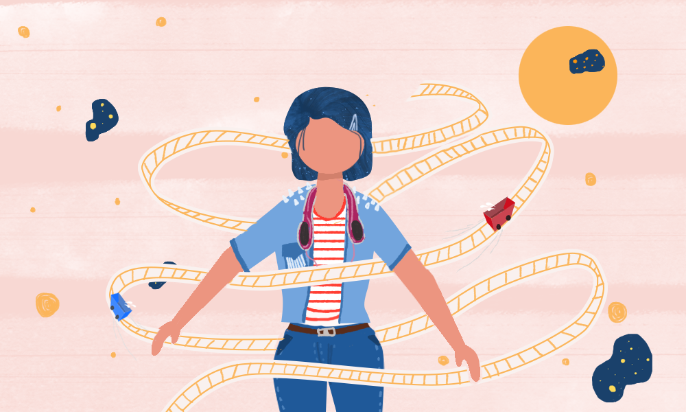 This is a minimalist illustration of a girl on a roller coaster ride in a single carriage. Her hair is thrown back by the wind as her carriage hurtles down the track.