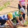 In this picture, we see five children dressed in striped shirts. Two of them are bent over and reaching for a plant sapling, presumably planting them in the ground. In the background, the other children standing..