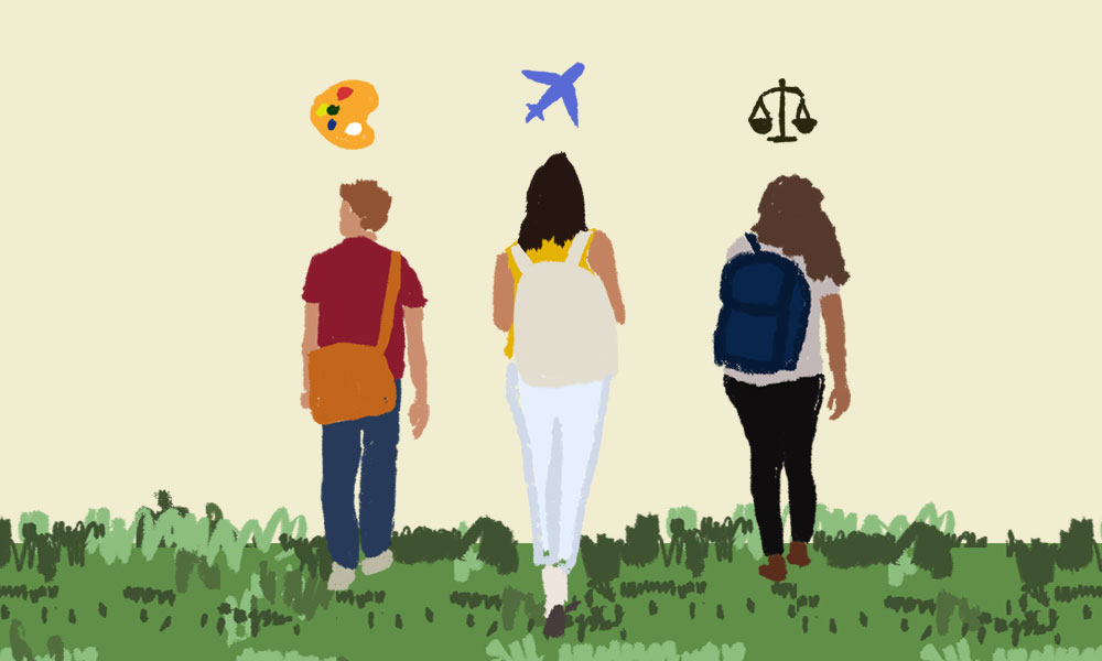 Three young adults with their backs to the screen, carrying backpacks with icons of art, law and aviation above their heads.