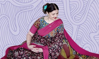 A photo of Vaishali Joshi in a printed black and pink spree set against a purple, patterned background