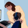 An illustration of a mother supportively standing beside her child as he games on his computer while wearing headphones.