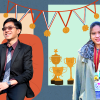 Jacob De Jesus and Theresa Enrica L. Limgenco in front of a blue, grey and orange background surrounded by medals and trophies