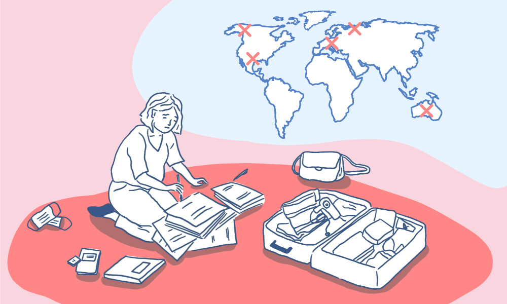 an illustration of a girl going through paperwork with a suitcase and other items scattered. a map of the world with covid hotspots behind her