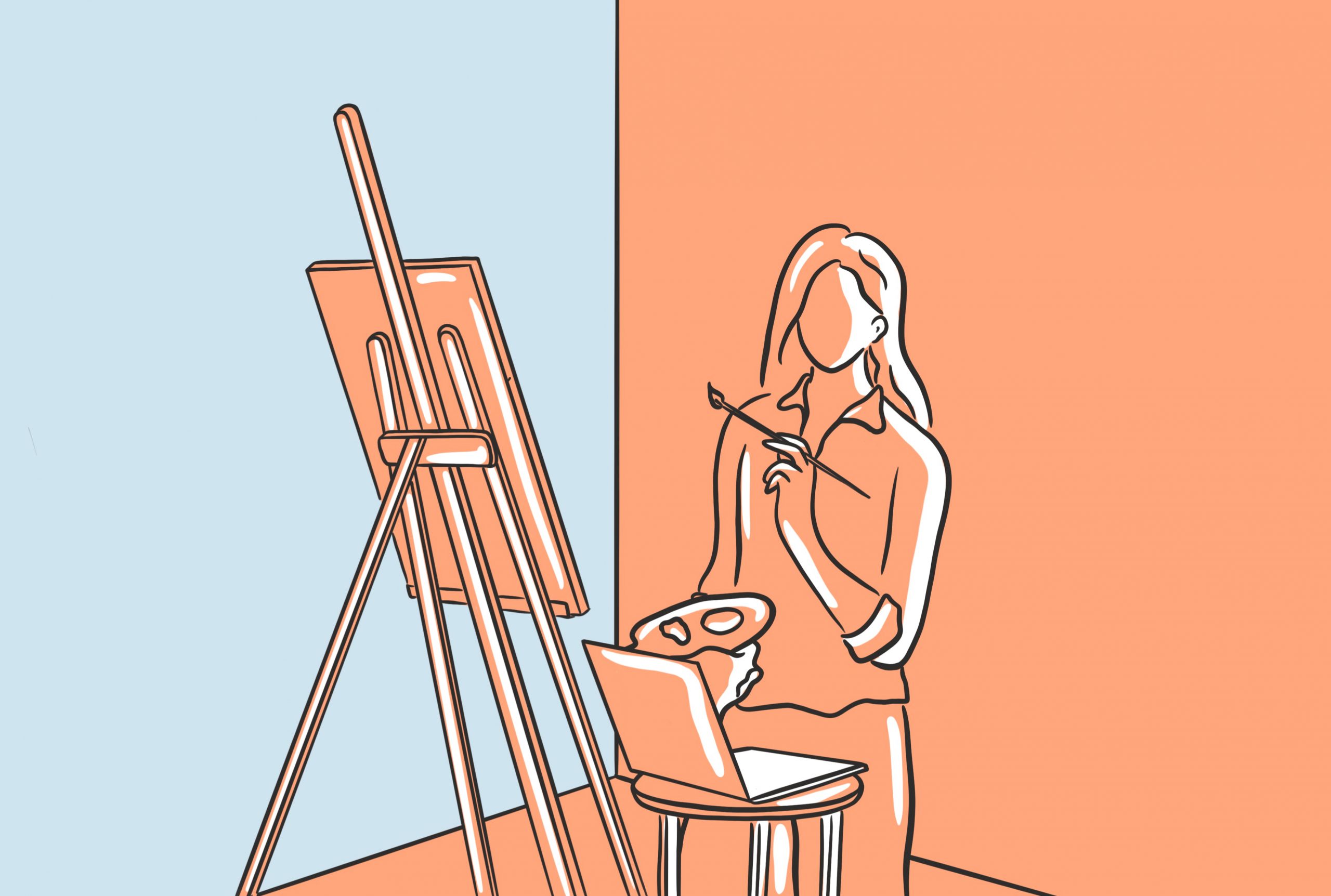 Illustration of a young woman painting with a laptop in front of her. 