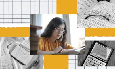 An illustration focussed on showing a student preparing for her SATs, with the image of the student in the middle, surrounded by images of a notebook, and a calculator and a timetable.