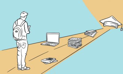 Illustration of a young person standing in front of a path with books and laptop and a graduation cap at the end.