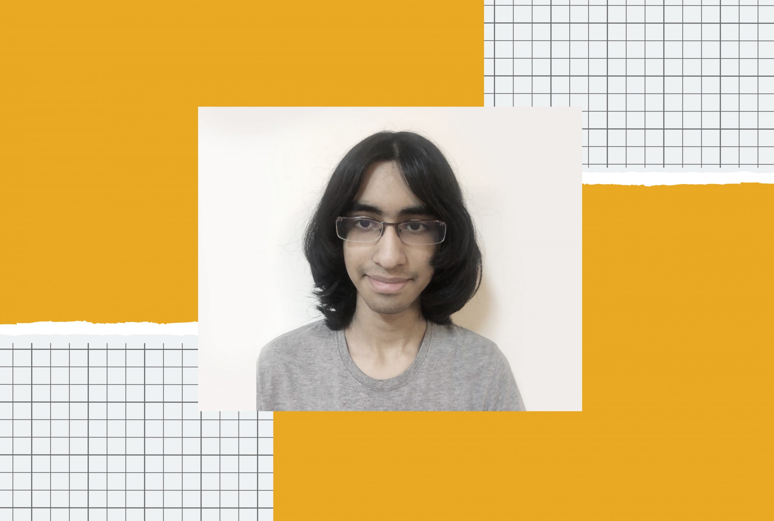 An iilustration with the image of a long-haired Indian boy wearing glasses in the middle.