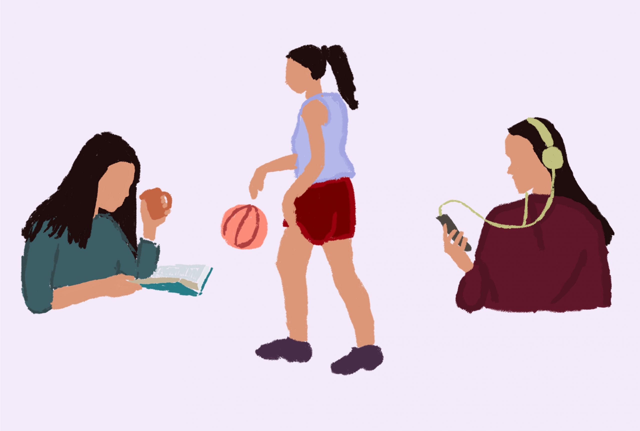 An illustration of three girls, one is reading, one is playing basketball and the other is listening to music.
