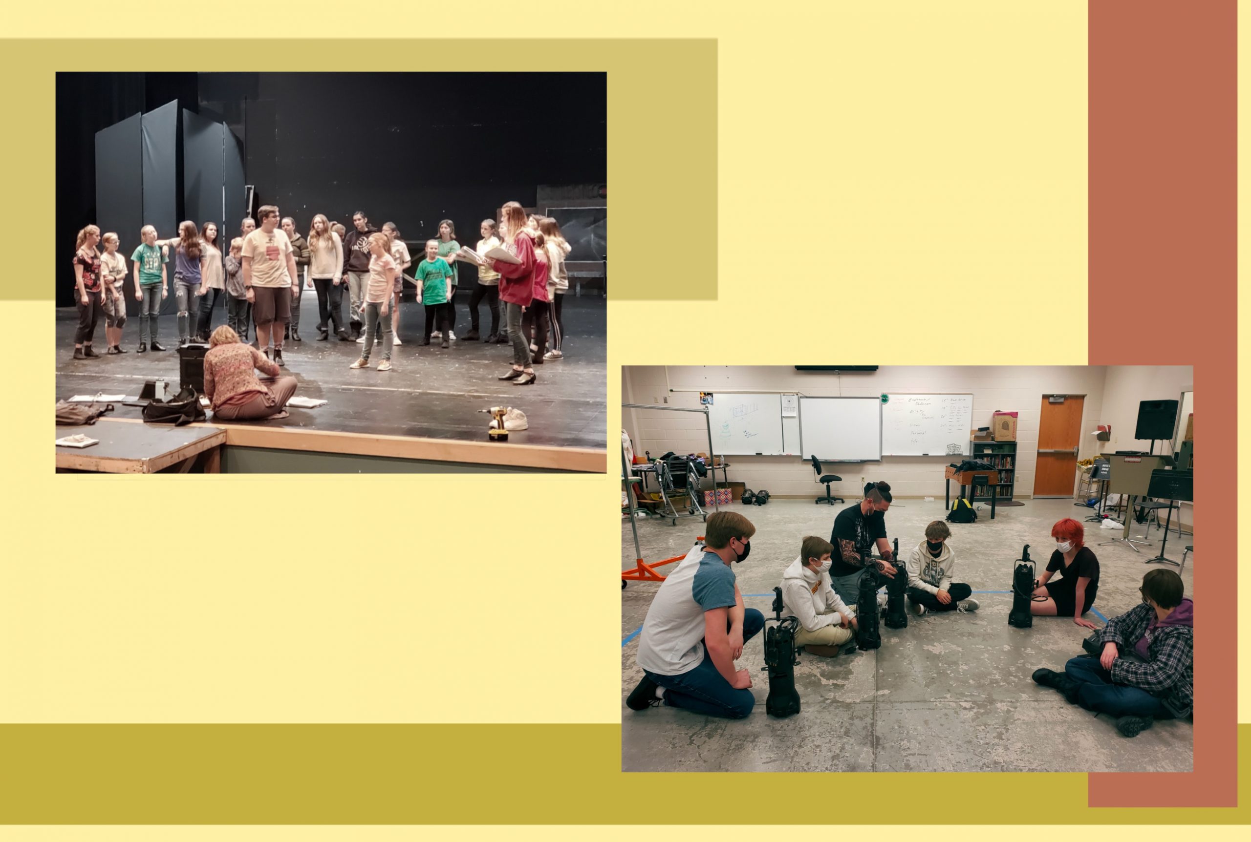 A collage of 2 images - 1 has many students huddled together practicing on stage, The second image has fewer students wearing masks rehearsing in a room.