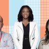 A collage made from the portrait images of principals Doug Kittle, Dr. Nadia Lopez and Lisa Leoni again a blue and orange chequered background