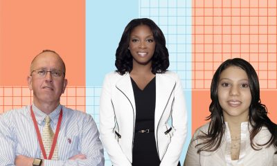 A collage made from the portrait images of principals Doug Kittle, Dr. Nadia Lopez and Lisa Leoni again a blue and orange chequered background