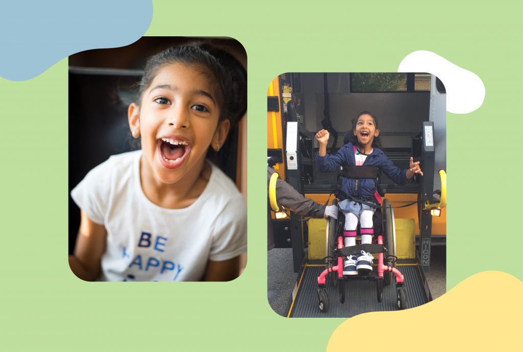 a split screen of images of the author Anchel Krishna's daughter Syona who lives with cerebral palsy. One the left image Syona is smiling and on the right image she's in her wheelchair coming off a school bus.