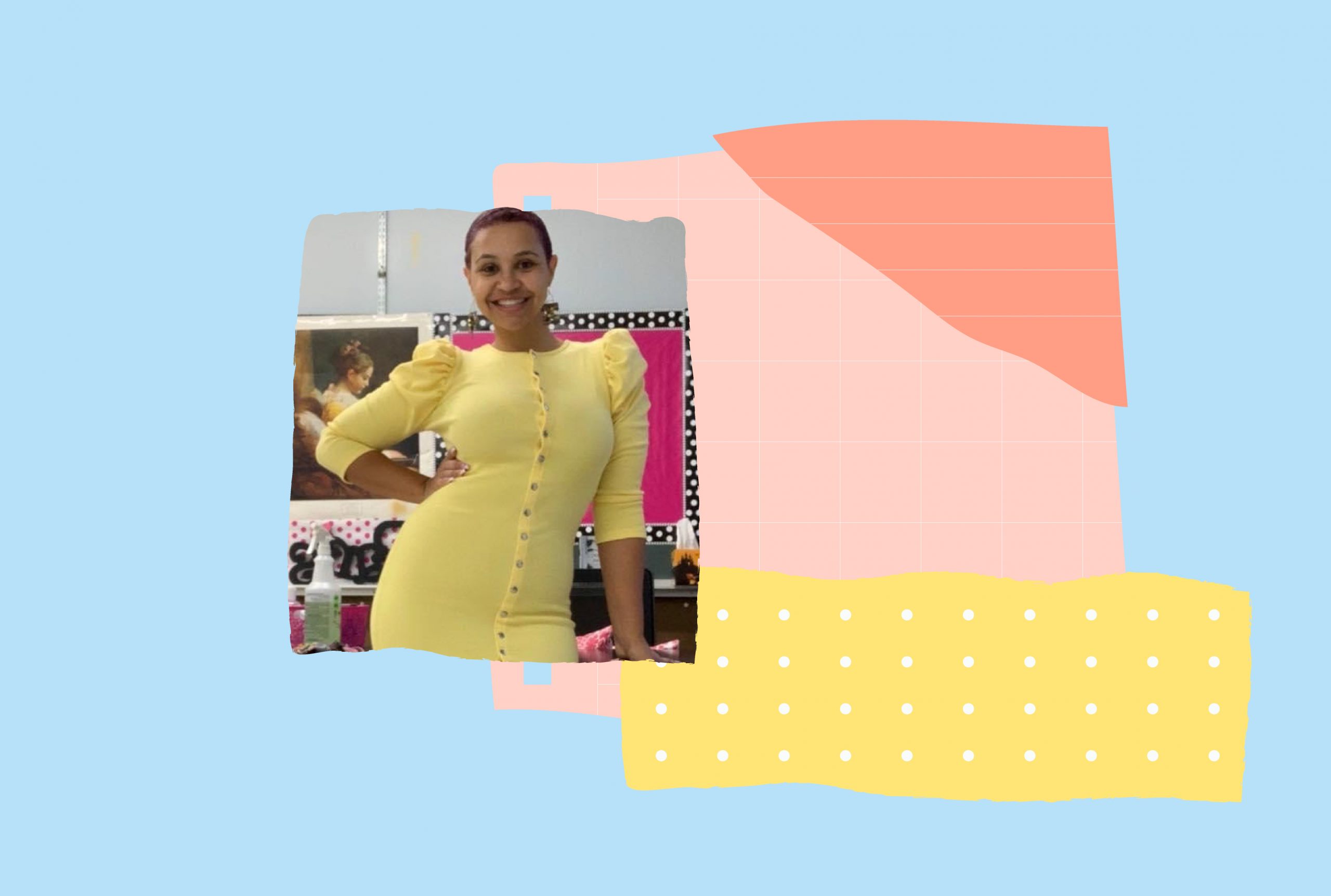 An image of Alyssa Rose in a yellow dress smiling at the camera. The image is on a pink, yellow and blue backdrop.