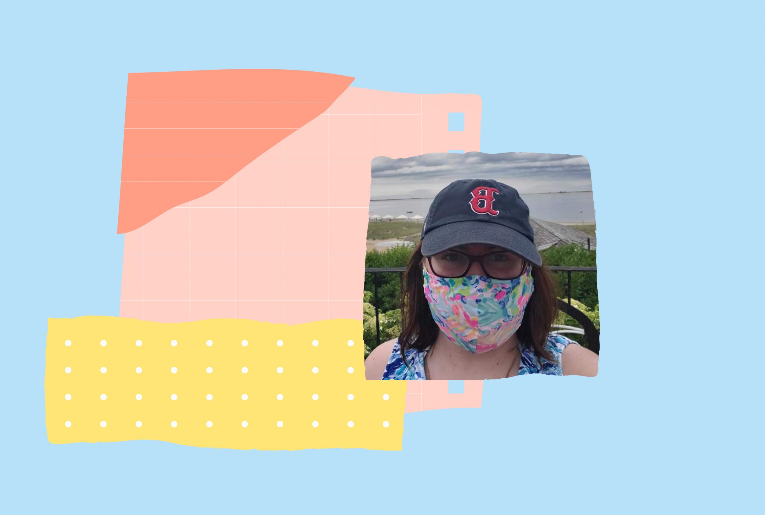 An image of Mary Catherine Hogan wearing glasses and a mask. The image is on a pink, yellow and blue backdrop.